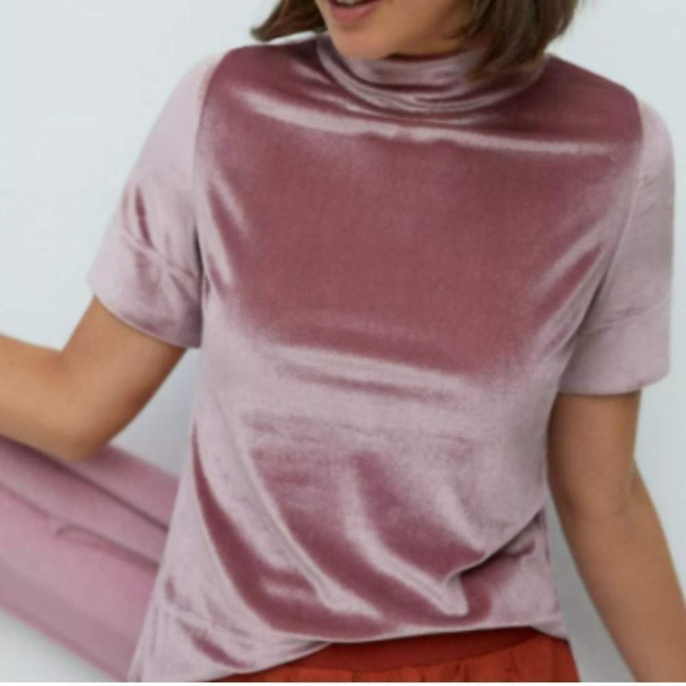 Anthropologie blouse Krisha Velvet Mock Neck Top pink luxe petite XS